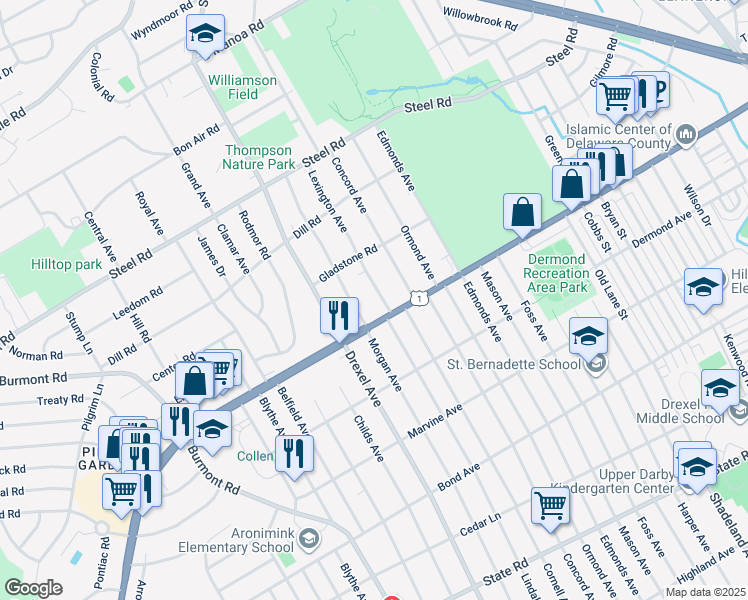 map of restaurants, bars, coffee shops, grocery stores, and more near 6 Lexington Avenue in Havertown