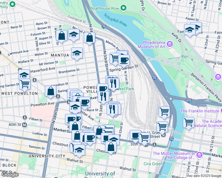 map of restaurants, bars, coffee shops, grocery stores, and more near 3201 Powelton Avenue in Philadelphia