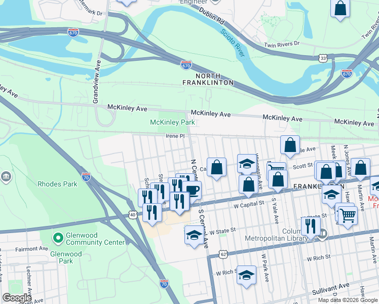 map of restaurants, bars, coffee shops, grocery stores, and more near 188 North Central Avenue in Columbus