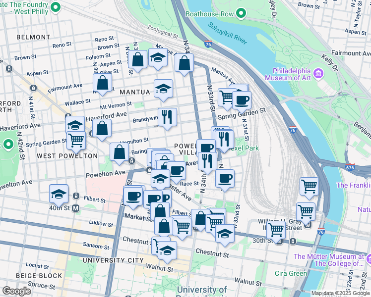 map of restaurants, bars, coffee shops, grocery stores, and more near 3418 Baring Street in Philadelphia