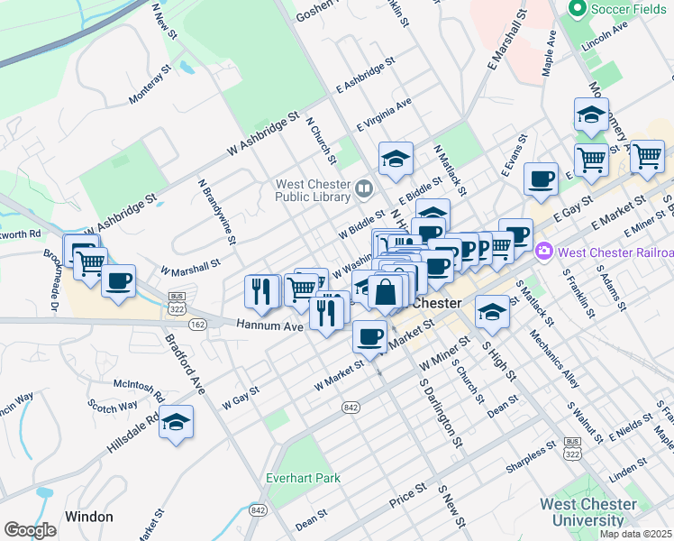 map of restaurants, bars, coffee shops, grocery stores, and more near 223 West Washington Street in West Chester