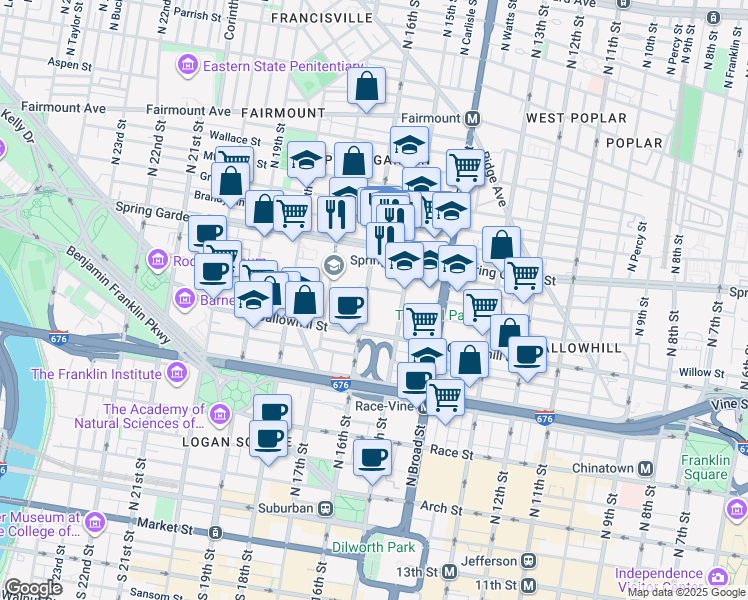 map of restaurants, bars, coffee shops, grocery stores, and more near 1700 Spring Garden Street in Philadelphia