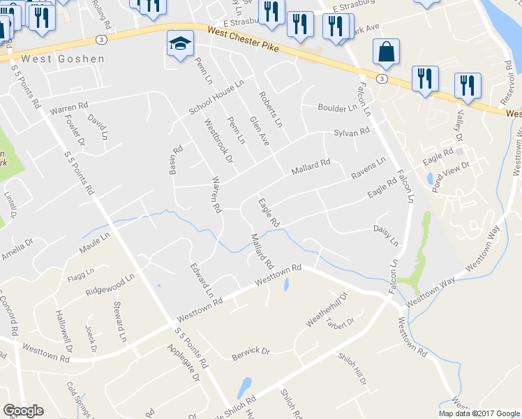map of restaurants, bars, coffee shops, grocery stores, and more near 1204 Eagle Road in West Chester