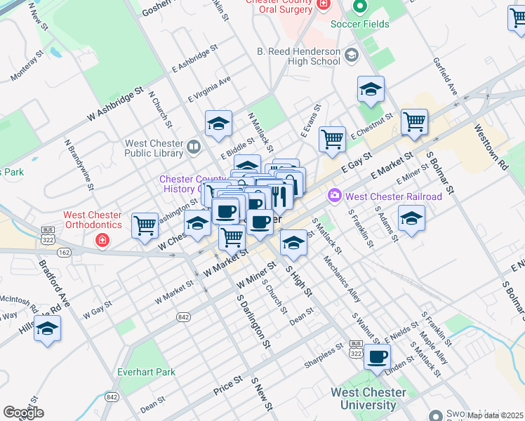 map of restaurants, bars, coffee shops, grocery stores, and more near 29 East Gay Street in West Chester
