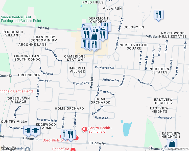 map of restaurants, bars, coffee shops, grocery stores, and more near 2924 Derr Road in Springfield