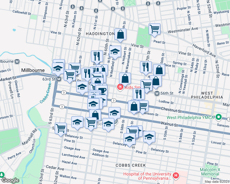 map of restaurants, bars, coffee shops, grocery stores, and more near 19 South 59th Street in Philadelphia