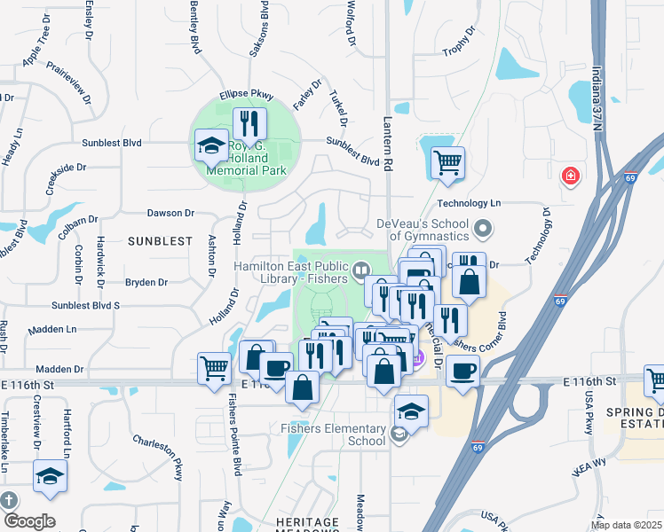 map of restaurants, bars, coffee shops, grocery stores, and more near 5 Municipal Dr in Fishers
