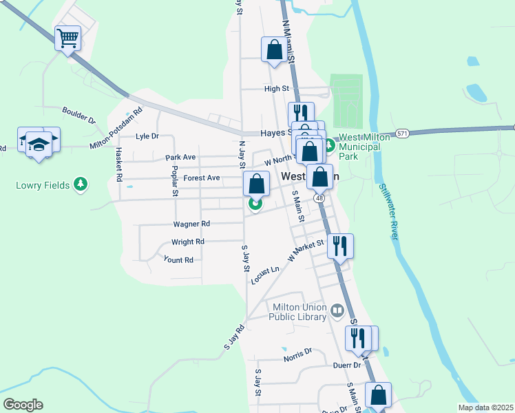 map of restaurants, bars, coffee shops, grocery stores, and more near 185 West Hamilton Street in West Milton