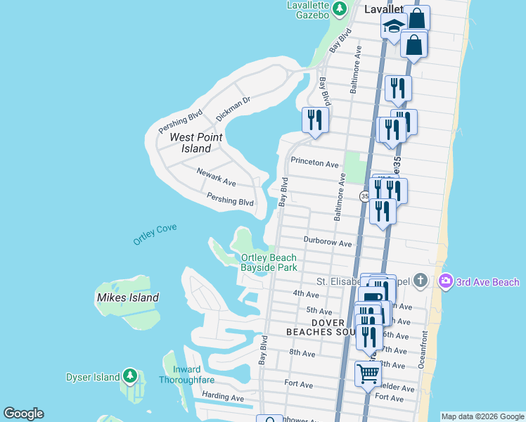 map of restaurants, bars, coffee shops, grocery stores, and more near 111 Dickman Drive in Lavallette