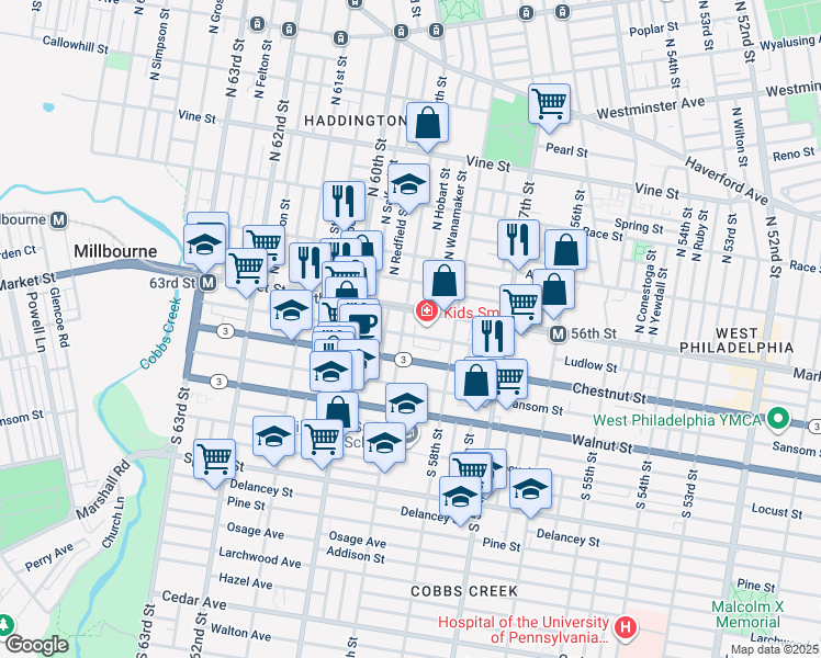 map of restaurants, bars, coffee shops, grocery stores, and more near 19 South 59th Street in Philadelphia