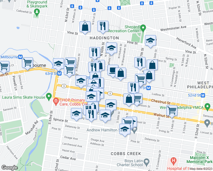 map of restaurants, bars, coffee shops, grocery stores, and more near 23 South Redfield Street in Philadelphia