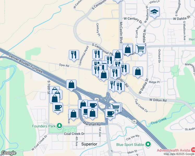 map of restaurants, bars, coffee shops, grocery stores, and more near Unnamed Road in Louisville