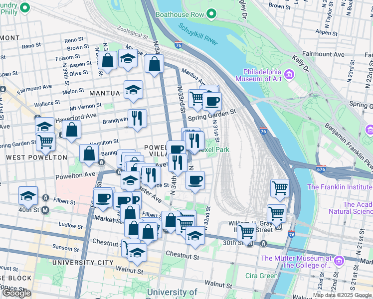 map of restaurants, bars, coffee shops, grocery stores, and more near 3308 Baring Street in Philadelphia