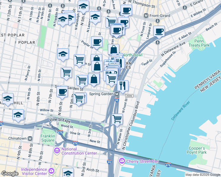 map of restaurants, bars, coffee shops, grocery stores, and more near 201 Green Street in Philadelphia