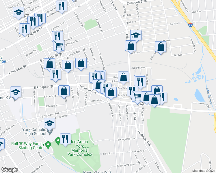 map of restaurants, bars, coffee shops, grocery stores, and more near 523 South Albemarle Street in York