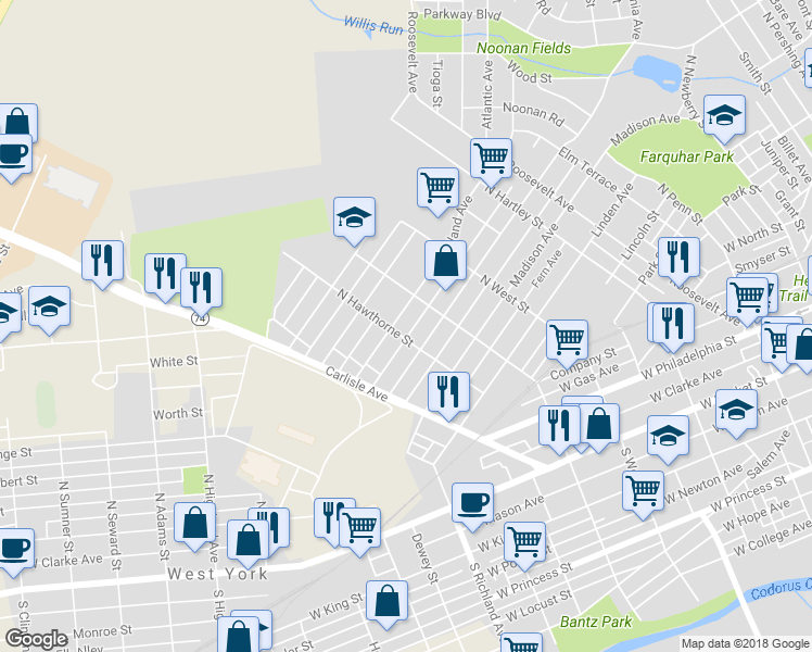 map of restaurants, bars, coffee shops, grocery stores, and more near 720 Maryland Avenue in York