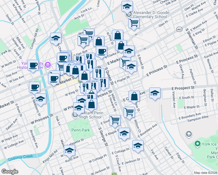 map of restaurants, bars, coffee shops, grocery stores, and more near 115 South Howard Street in York