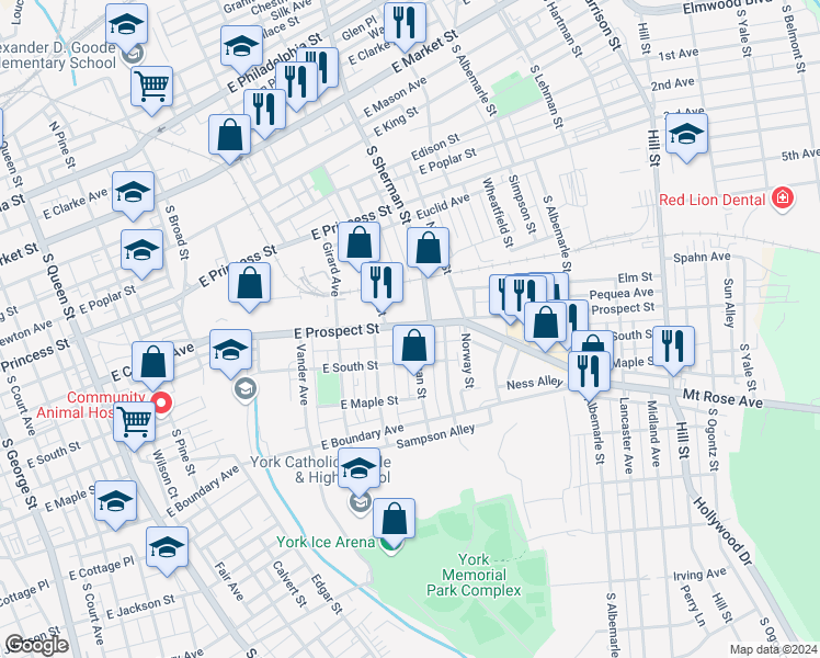 map of restaurants, bars, coffee shops, grocery stores, and more near 828 East Prospect Street in York