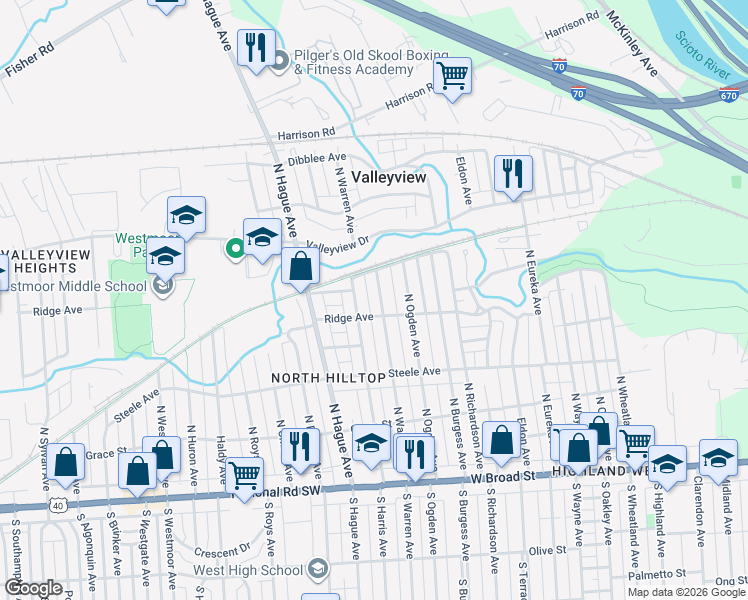 map of restaurants, bars, coffee shops, grocery stores, and more near 313 North Warren Avenue in Columbus