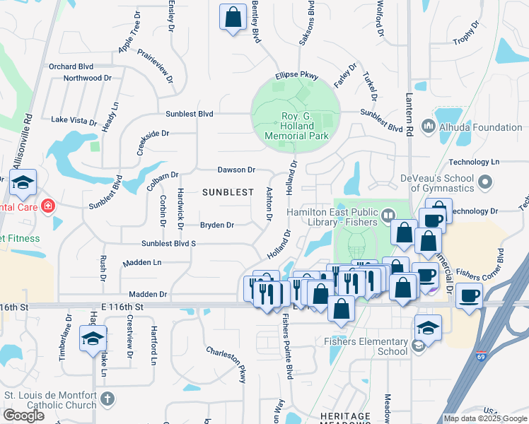 map of restaurants, bars, coffee shops, grocery stores, and more near 11857 Ashton Drive in Fishers