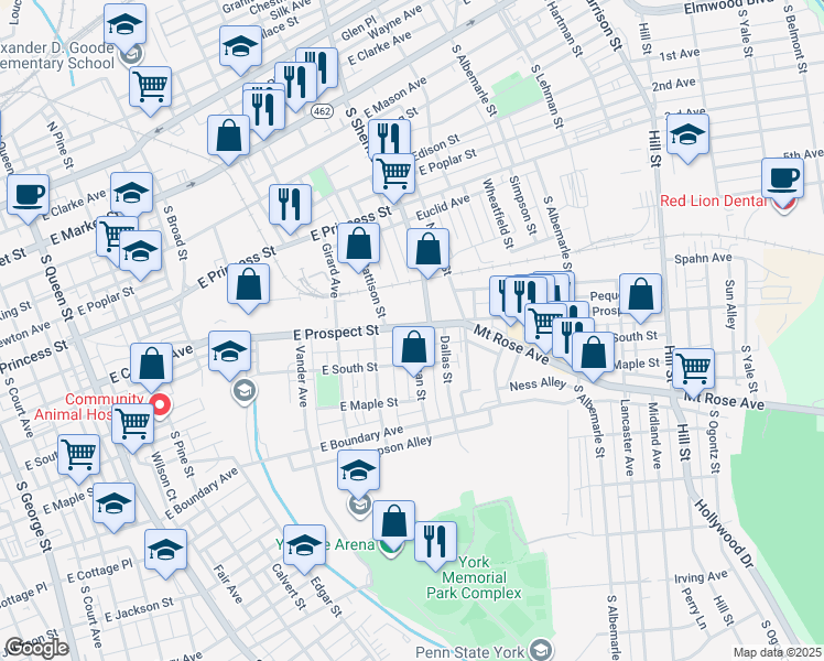 map of restaurants, bars, coffee shops, grocery stores, and more near 830 East Prospect Street in York