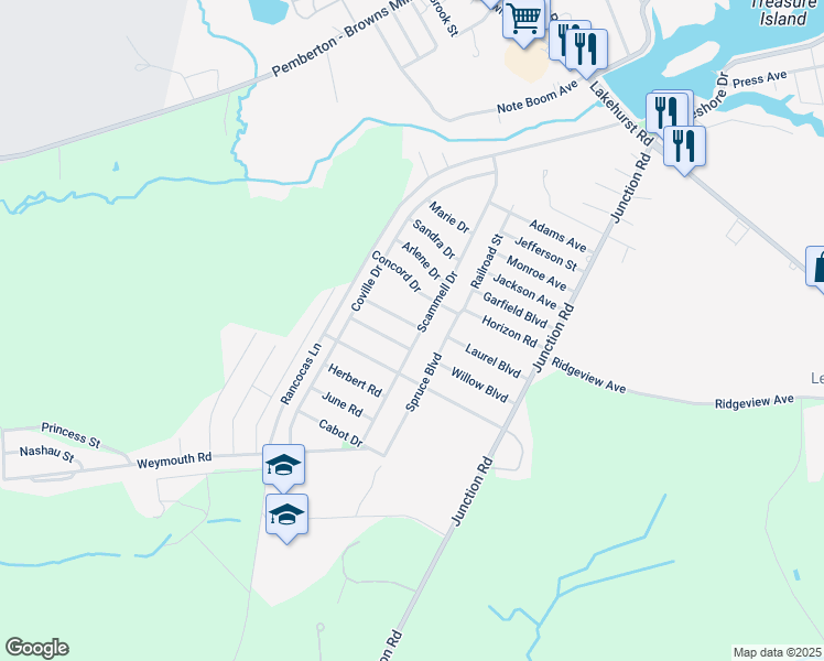 map of restaurants, bars, coffee shops, grocery stores, and more near 108 Scammell Drive in Pemberton Township