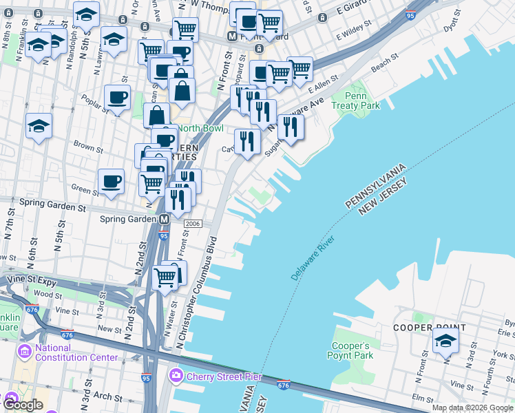 map of restaurants, bars, coffee shops, grocery stores, and more near 901 North Penn Street in Philadelphia