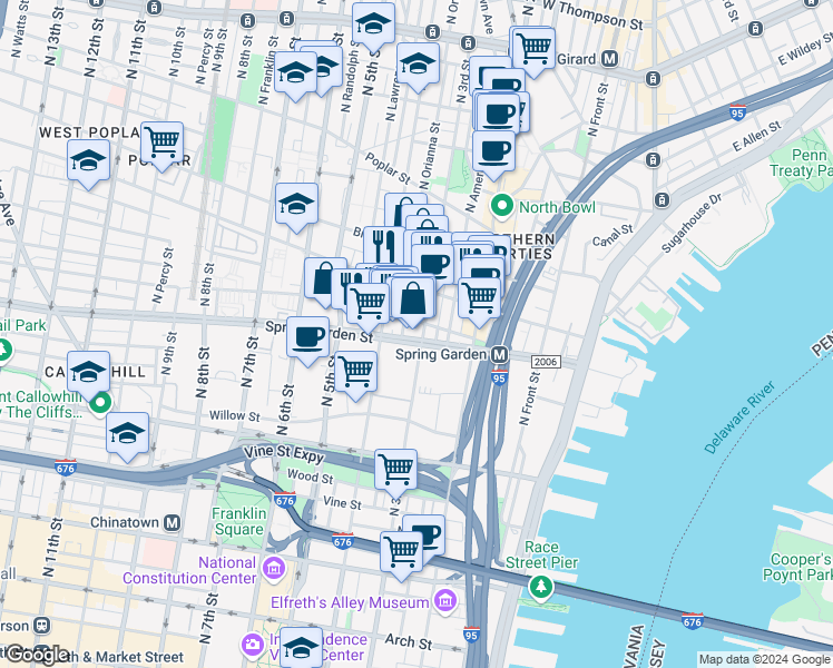 map of restaurants, bars, coffee shops, grocery stores, and more near 545 North Orianna Street in Philadelphia