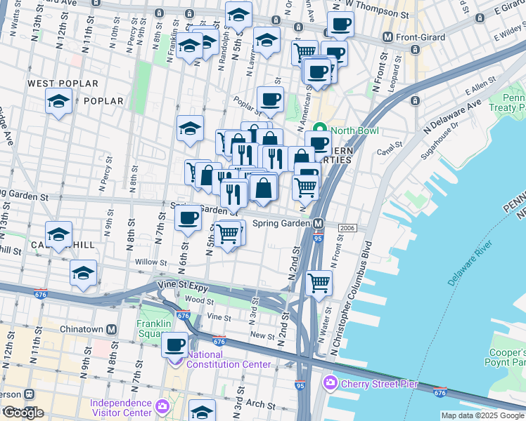 map of restaurants, bars, coffee shops, grocery stores, and more near 545 North Orianna Street in Philadelphia