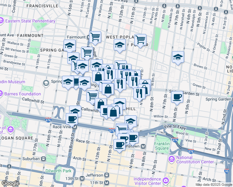 map of restaurants, bars, coffee shops, grocery stores, and more near 1034 Spring Garden Street in Philadelphia
