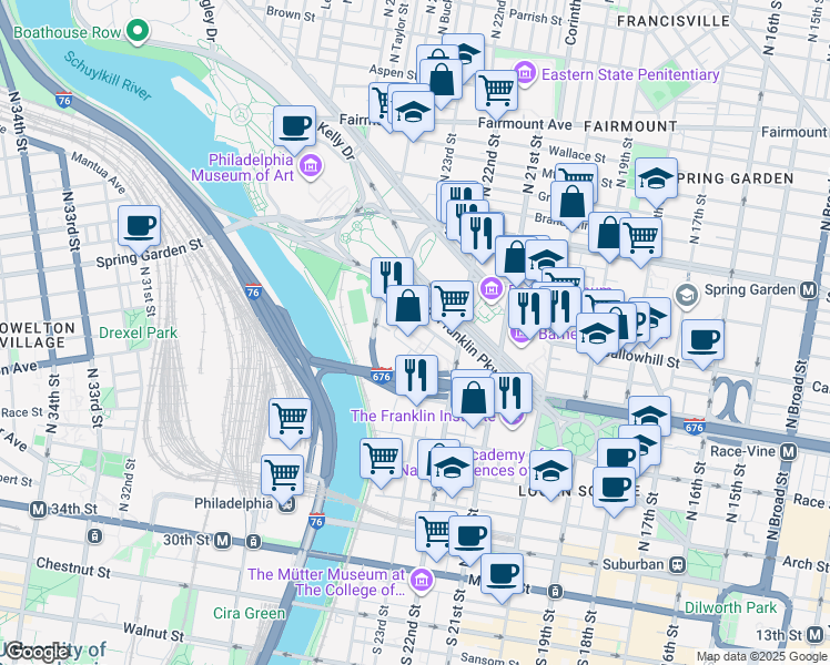 map of restaurants, bars, coffee shops, grocery stores, and more near 2200 Park Towne Place in Philadelphia