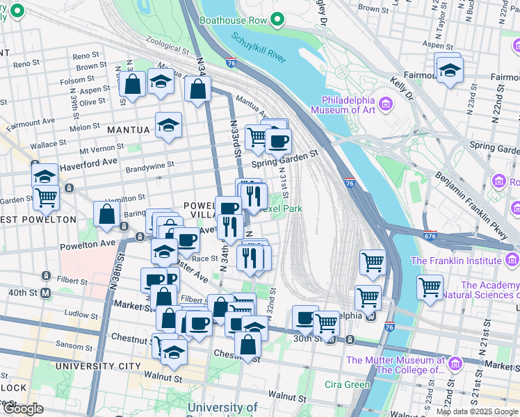 map of restaurants, bars, coffee shops, grocery stores, and more near 3214 Baring Street in Philadelphia