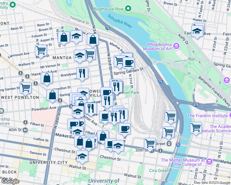 map of restaurants, bars, coffee shops, grocery stores, and more near 3214 Baring Street in Philadelphia