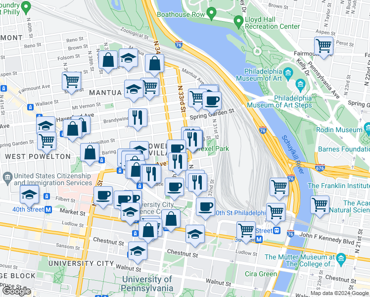 map of restaurants, bars, coffee shops, grocery stores, and more near 3308 Baring Street in Philadelphia