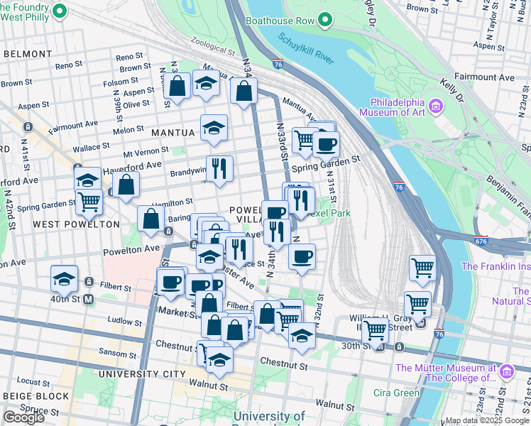 map of restaurants, bars, coffee shops, grocery stores, and more near 3400 Baring Street in Philadelphia