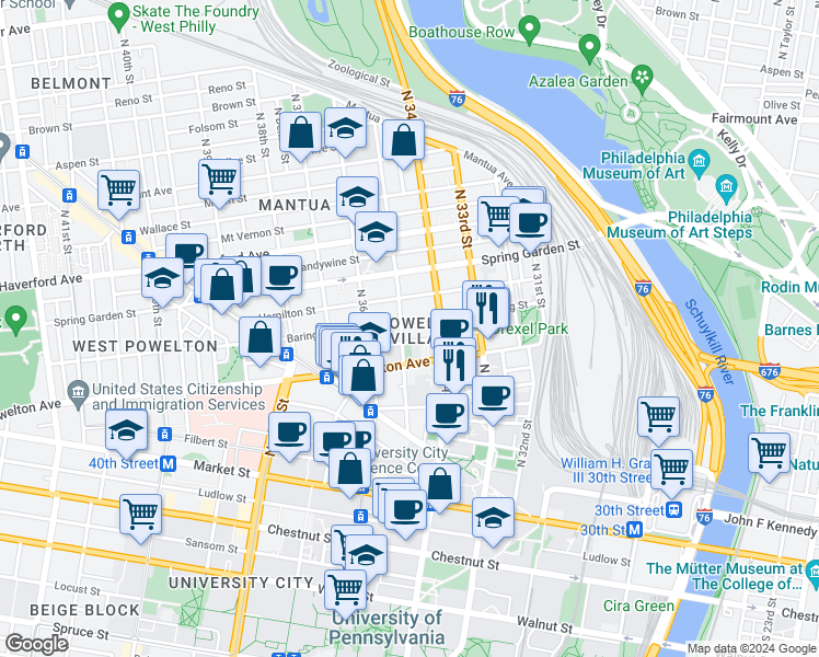 map of restaurants, bars, coffee shops, grocery stores, and more near in Philadelphia