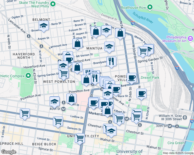 map of restaurants, bars, coffee shops, grocery stores, and more near 3718 Hamilton Street in Philadelphia