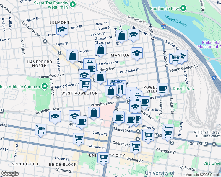 map of restaurants, bars, coffee shops, grocery stores, and more near 3827 Hamilton Street in Philadelphia