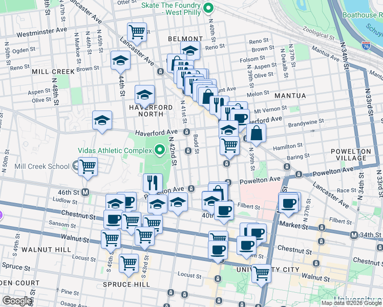 map of restaurants, bars, coffee shops, grocery stores, and more near 4101 Spring Garden Street in Philadelphia