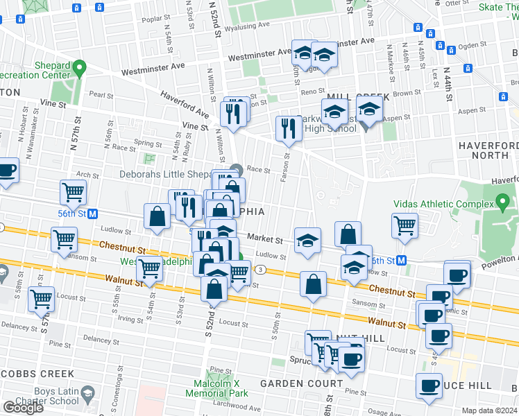 map of restaurants, bars, coffee shops, grocery stores, and more near 5125 Arch Street in Philadelphia