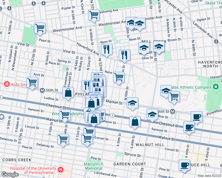 map of restaurants, bars, coffee shops, grocery stores, and more near 5125 Arch Street in Philadelphia