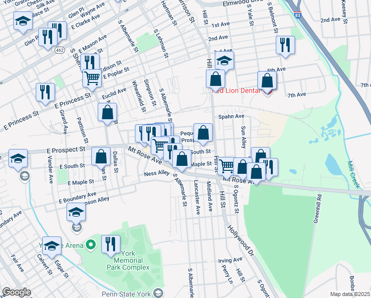 map of restaurants, bars, coffee shops, grocery stores, and more near 1114 East Prospect Street in York