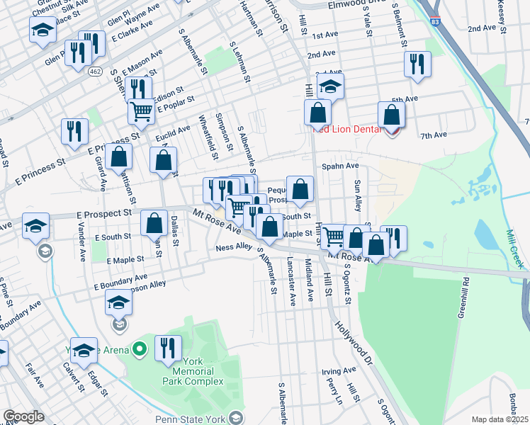 map of restaurants, bars, coffee shops, grocery stores, and more near 1114 East Prospect Street in York