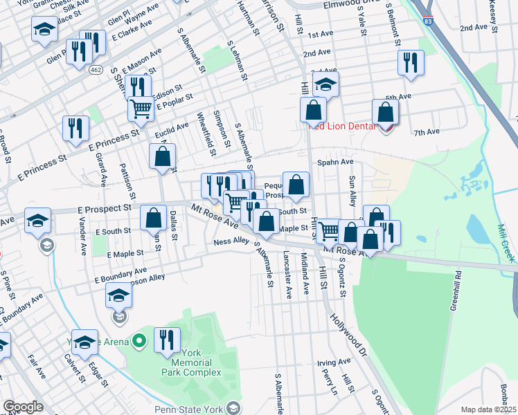 map of restaurants, bars, coffee shops, grocery stores, and more near 523 South Albemarle Street in York
