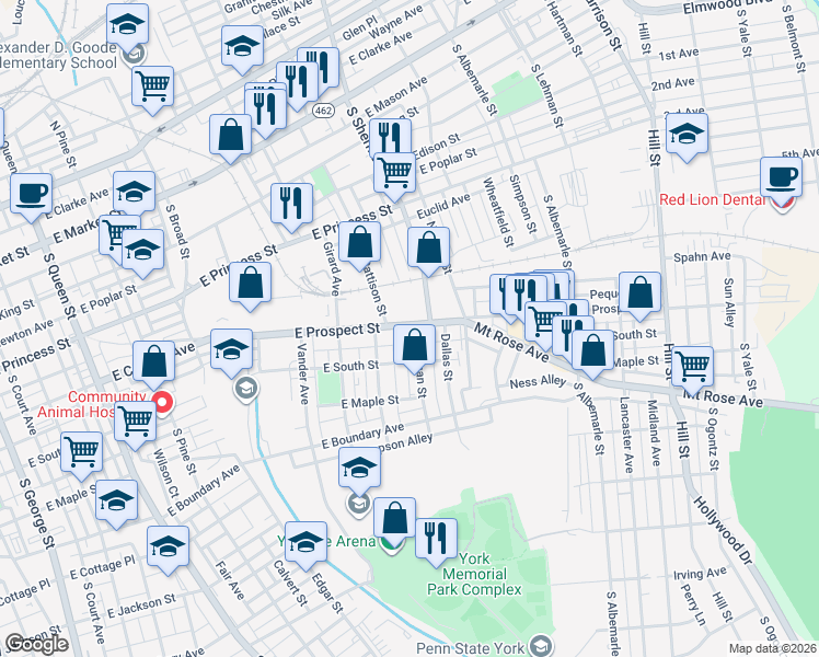 map of restaurants, bars, coffee shops, grocery stores, and more near 813 East Prospect Street in York