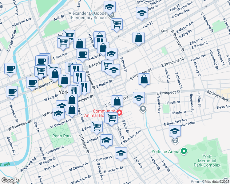 map of restaurants, bars, coffee shops, grocery stores, and more near in York