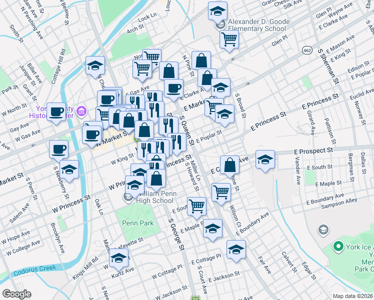 map of restaurants, bars, coffee shops, grocery stores, and more near 115 South Howard Street in York