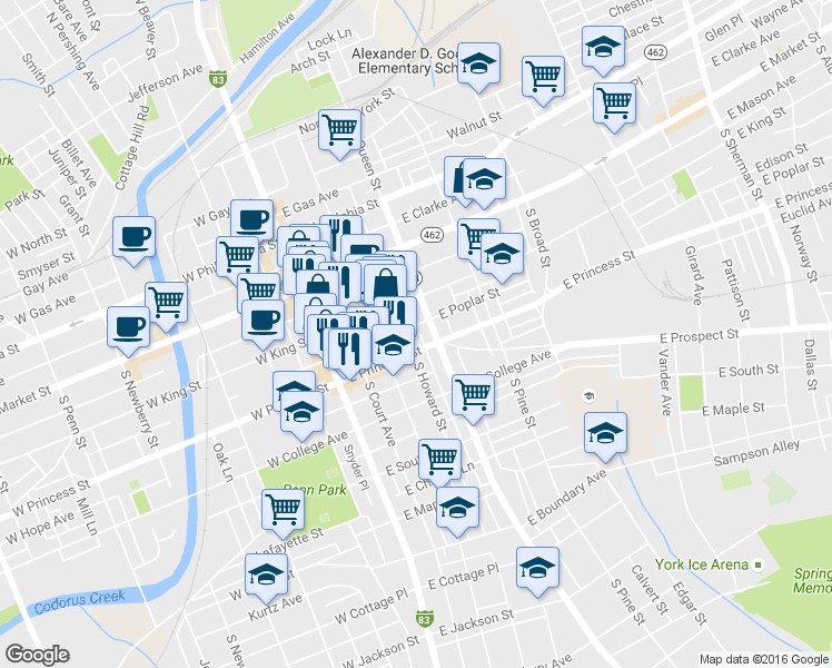 map of restaurants, bars, coffee shops, grocery stores, and more near 115 South Howard Street in York