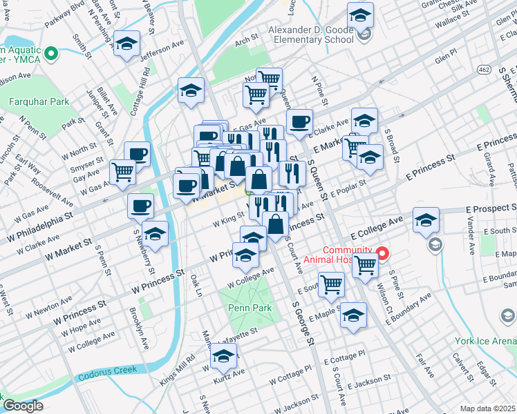 map of restaurants, bars, coffee shops, grocery stores, and more near in York