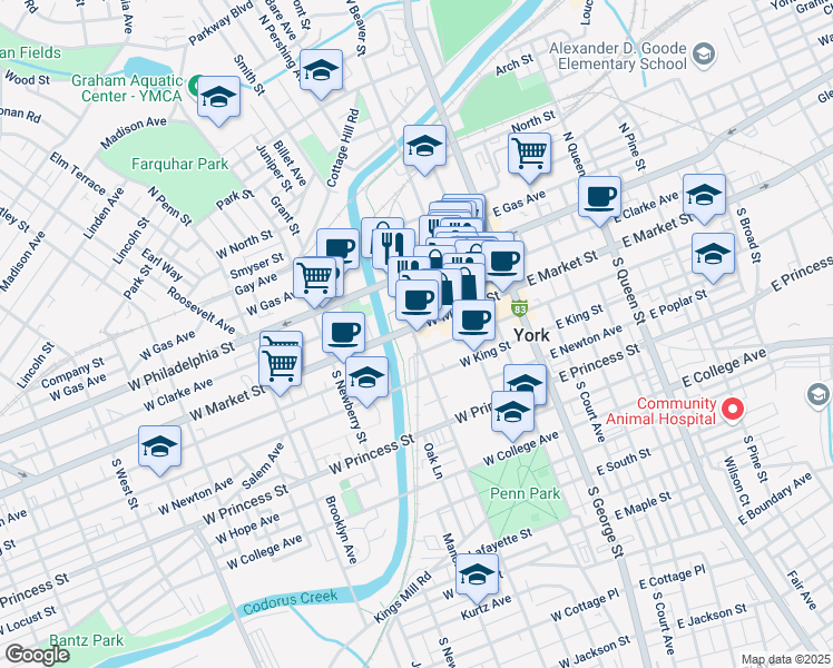 map of restaurants, bars, coffee shops, grocery stores, and more near 141 Pennsylvania 74 in York